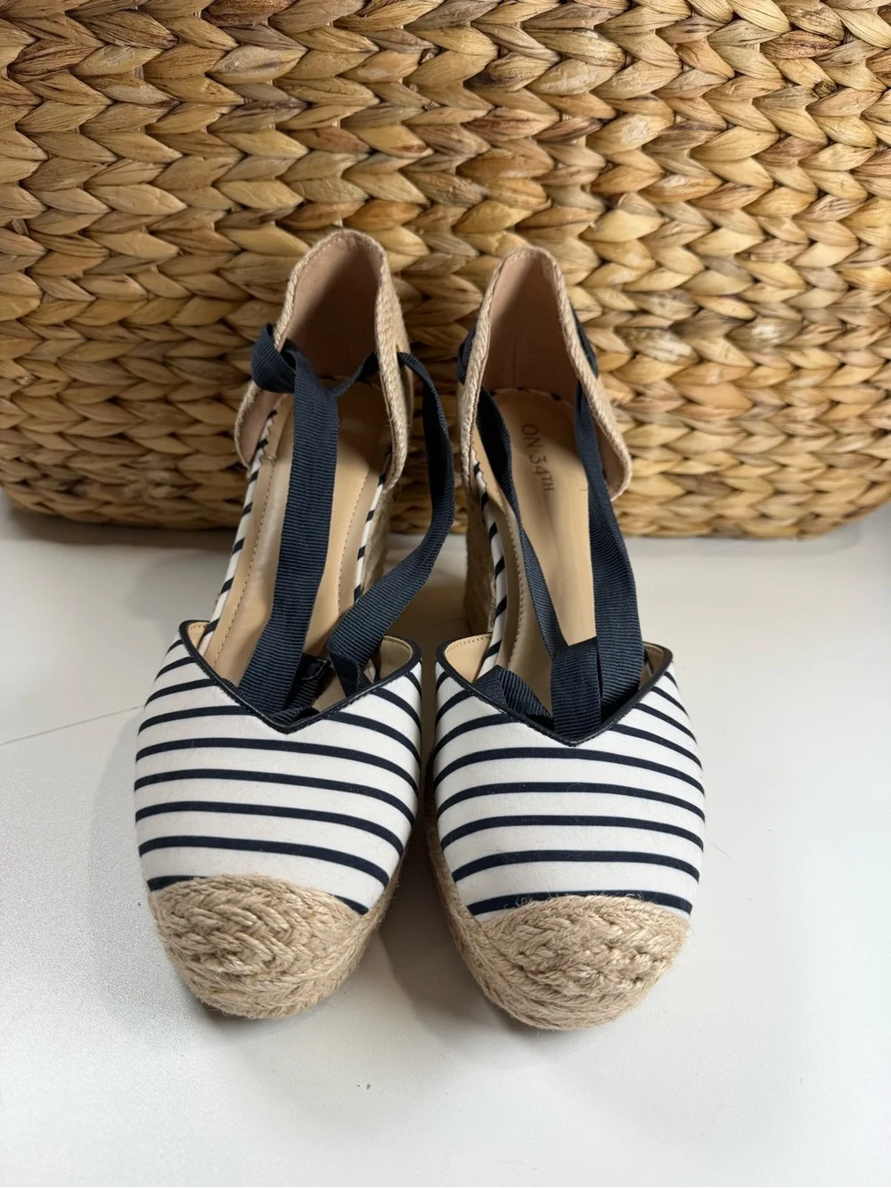 Striped Navy and White Espadrille Wedge Sandals - Women